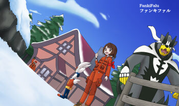 1boy 1girl arm_at_side artist_name boots breasts brown_eyes brown_hair building chimney cinderace clenched_hand collared_jacket dynamax_band expedition_uniform eyelashes fankifalu gen_8_pokemon gloria_(pokemon) hand_up happy highres jacket japanese_text legendary_pokemon long_sleeves looking_at_viewer matching_hair/eyes medium_hair neck nintendo official_alternate_costume open_mouth orange_jacket orange_pants outdoors pants pine_tree pocket pokemon pokemon_swsh sidelocks size_difference sky small_breasts snow standing swept_bangs tree urshifu zipper_pull_tab