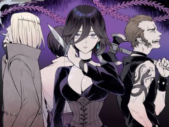 1girl 3boys black_choker black_hair breasts brown_corset brown_hair choker cigarette coat commentary_request corset donnie_(octopath_traveler) dress eyelashes grel_(r6hgvu5) grey_coat hair_between_eyes holding holding_cigarette holding_knife knife large_breasts looking_at_viewer multiple_boys octopath_traveler octopath_traveler_ii open_mouth pirro_(octopath_traveler) purple_background purple_dress purple_eyes scaracci_(octopath_traveler) short_hair sideburns smile smoking snake_tattoo standing tattoo throne_anguis white_hair