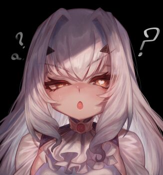 1girl ? ?? black_background blush collar dress fate/grand_order fate_(series) frilled_collar frills heart heart-shaped_pupils heart_in_eye highres long_hair lovestruck m0_chi melusine_(fate) melusine_(second_ascension)_(fate) open_mouth orange_eyes squinting sweat symbol-shaped_pupils symbol_in_eye thick_eyelashes white_hair