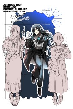 3girls ado_(utaite) bad_tag bag black_bow black_bowtie black_coat black_hair black_pants black_shoes blue_eyes blue_flower blue_hair blue_rose bow bowtie chando_(ado) coat commentary_request double_v flower flower_stand_art gloves gunjyou_(gunjyou_00) helmet highres long_hair long_sleeves looking_at_viewer mole mole_under_eye multiple_girls open_clothes open_coat open_mouth pants partially_colored rose shoes shoulder_bag sidelocks translation_request utaite v white_gloves