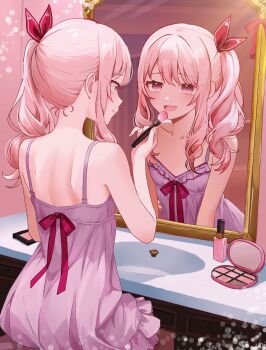 1other :d absurdres akiyama_mizuki alt_text applying_makeup ass babydoll bare_arms bare_shoulders bathroom bow closed_mouth collarbone commentary_request cowboy_shot different_reflection drill_hair drill_sidelocks frilled_babydoll frills from_behind hair_bow hand_up high_side_ponytail highres holding holding_brush holding_makeup_brush indoors lingerie long_hair looking_at_mirror makeup_brush makeup_palette mirror open_mouth other_focus pink_eyes pink_hair profile project_sekai purple_babydoll red_bow reflection shoulder_blades side_drill side_ponytail sidelocks sink sitting smile solo tearing_up underwear uozakana