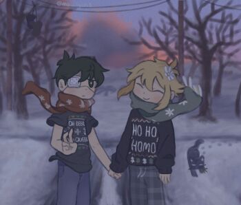 2boys alternate_costume antenna_hair bare_tree basil_(faraway)_(omori) basil_(omori) black_eyes black_hair black_shirt black_sweater blonde_hair blue_pants blush bright_pupils cat closed_eyes closed_mouth commentary double-parted_bangs english_commentary english_text eyepatch flower green_scarf grey_pants hair_between_eyes hair_flower hair_ornament highres holding_hands long_sleeves looking_at_viewer male_focus mewo ms_yuri1 multiple_boys omori outdoors pants power_lines red_scarf scarf shirt short_hair short_sleeves snow sunny_(omori) sweater t-shirt tree v white_pupils yaoi