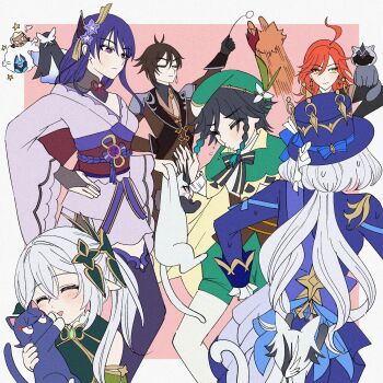 Rule 34 | 2boys, 5girls, ahoge, animal, animal on shoulder, animalization, antenna hair, arlecchino (genshin impact), arm behind back, arm up, armlet, arms at sides, asymmetrical sidelocks, beret, black bow, black bowtie, black gloves, black hair, black thighhighs, blue cat, blue hat, blue jacket, blue pupils, blue sleeves, blunt ends, blush, border, bow, bowtie, braid, bridal gauntlets, brown cat, brown coat, brown hair, brown shirt, brown sleeves, cape, capelet, capitano (genshin impact), caramelo game, cat, cat on shoulder, cheek press, chinese knot, choppy bangs, closed eyes, closed mouth, coat, columbina (genshin impact), commentary, contrast collar, detached sleeves, dottore (genshin impact), dress, earrings, facing animal, fan hair ornament, fighting, flower, frilled sleeves, frills, furina (genshin impact), gem, genshin impact, gloves, gold, gradient hair, green capelet, green dress, green gem, green hair, green hat, green shorts, green sleeves, grey bridal gauntlets, grey cat, grey shrug, hair flower, hair ornament, hand on own hip, hand up, hat, hat flower, hat ornament, head wings, helm, helmet, highres, holding, holding animal, holding cat, huge ahoge, jacket, japanese clothes, jewelry, kimono, leaf hat ornament, long hair, long sleeves, looking at animal, mandarin collar, mavuika (genshin impact), middle ring, mini hat, mini top hat, mole, mole under eye, multicolored hair, multiple boys, multiple girls, nahida (genshin impact), nervous sweating, obi, obiage, obijime, orange cat, pantyhose, pink eyes, purple cat, purple flower, purple gem, purple hair, purple kimono, purple sash, purple sleeves, raiden shogun, red hair, red sash, sandrone (genshin impact), sash, scaramouche (cat) (genshin impact), scaramouche (genshin impact), shirt, short kimono, shorts, shoulder pads, shrug (clothing), side ponytail, sidelocks, signora (genshin impact), smile, sneezing, star (symbol), star earrings, sweat, tartaglia (genshin impact), tassel, thighhighs, top hat, tsurime, twin braids, undershirt, untranslatable commentary, venti (genshin impact), very long hair, vision (genshin impact), white border, white cat, white dress, white flower, white hair, white pantyhose, white shirt, white wings, wide sleeves, wing collar, wing hair ornament, wings, yellow cape, yellow eyes, zhongli (genshin impact)