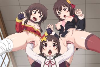 3girls age_difference bar_censor black_hair blush breasts censored female_focus fisting from_below hair_ornament hair_ribbon hairclip komekko kono_subarashii_sekai_ni_shukufuku_wo! loli long_hair megumin multiple_girls nipples onee-loli open_clothes open_mouth pointless_censoring ponpondou pussy red_eyes ribbon short_hair short_hair_with_long_locks small_breasts standing star_(symbol) star_hair_ornament surprised tagme twintails yunyun_(konosuba) yuri