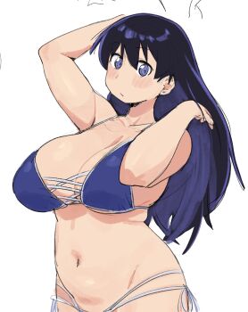 arato_nagi bikini black_hair blue_bikini blue_eyes breasts cleavage curvy denpatou highres long_hair ruri_no_houseki simple_background sketch swimsuit white_background wide_hips