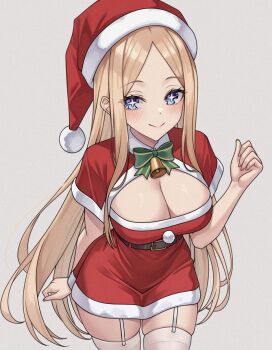 +_+ 1girl aadka5 bell belt black_belt blonde_hair blush bow breasts christmas feet_out_of_frame film_grain girls_und_panzer hat highres large_breasts long_hair looking_at_viewer low_neckline merry_christmas original santa_hat smile solo thighhighs white_thighhighs