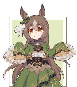 1girl animal_ears beer_hsk brown_eyes brown_hair closed_mouth commentary_request cropped_jacket green_background green_jacket green_skirt grey_hair hair_between_eyes horse_ears jacket long_sleeves multicolored_hair satono_diamond_(umamusume) shirt skirt sleeves_past_fingers sleeves_past_wrists smile solo two-tone_background two-tone_hair umamusume white_background white_shirt