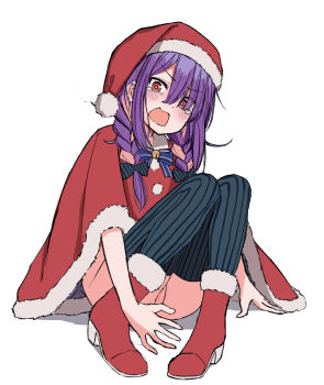 1girl block_heels blush bottomless braid braided_twintails bright_pupils cape censored commentary_request embarrassed eyes_visible_through_hair full_body fur-trimmed_cape fur-trimmed_headwear fur-trimmed_shirt fur-trimmed_shoes fur_trim grey_thighhighs hair_over_one_eye hat highres knees_up long_bangs looking_at_viewer multicolored_hair open_mouth orange_eyes orange_streaks original purple_hair pussy red_cape red_shirt red_shoes santa_costume santa_hat scribble_censor shirt shoes sidelocks simple_background sitting sketch solo streaked_hair striped_clothes striped_thighhighs tearing_up thighhighs twintails urushiushiru v-shaped_eyebrows vertical-striped_clothes vertical-striped_thighhighs wavy_mouth white_background white_pupils