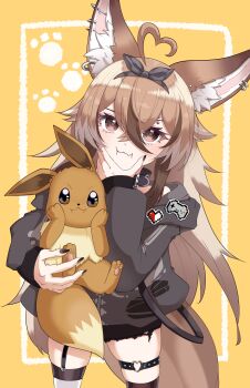 1girl :i absurdres ahoge animal_ear_fluff animal_ear_piercing animal_ears belt_collar black_bow black_collar black_hoodie black_nails bow brown_eyes brown_hair closed_mouth collar commentary cowboy_shot crossed_bangs double-parted_bangs eevee effinfox eyebrow_piercing face_piercing fang fennec_fox fox_ears fox_girl gen_1_pokemon hair_between_eyes hair_bow hand_on_own_chin heart heart_ahoge highres holding holding_pokemon hood hood_down hoodie indie_virtual_youtuber inset_border long_hair long_sleeves looking_at_viewer multiple_piercings nail_polish nintendo paw_print paw_print_background piercing pokemon pokemon_(creature) riomiyan skin_fang skindentation spiked_thigh_strap squeezing_cheeks thigh_strap virtual_youtuber yellow_background