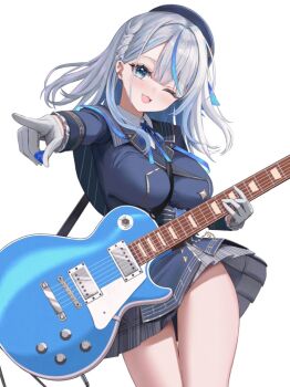 1girl ;d amagai_ruka arale_(ara1e) beret between_breasts blue_hair blue_hat blue_jacket blue_ribbon breasts buttons center-flap_bangs collared_shirt cowboy_shot double-breasted electric_guitar gibson_les_paul gloves grey_hair guitar hashtag-only_commentary hat holding holding_guitar holding_instrument holding_plectrum instrument jacket large_breasts long_hair looking_at_viewer miniskirt multicolored_hair neck_ribbon one_eye_closed open_mouth outstretched_arm plaid_clothes plaid_skirt pleated_skirt plectrum ribbon shirt simple_background skirt smile solo streaked_hair thigh_gap virtual_youtuber weather_planet white_background white_gloves white_shirt
