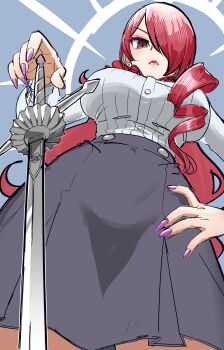1girl black_skirt bow breasts collared_shirt dress_shirt earrings from_below hair_over_one_eye hand_on_own_hip holding holding_sword holding_weapon jewelry kirijou_mitsuru large_breasts long_hair long_sleeves looking_at_viewer one_eye_covered persona persona_3 pink_nails poechan_chan rapier red_bow red_eyes red_hair shin_megami_tensei shirt simple_background skirt solo sword very_long_hair wavy_hair weapon white_shirt