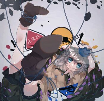 1girl black_shorts blue_eyes boots brown_boots brown_shirt buttons closed_mouth commentary_request diamond_button frilled_sleeves frills full_body grey_background grey_hair komeiji_koishi long_sleeves looking_at_viewer lying medium_hair on_back road_sign shinjitsu_no_kuchi shirt shorts sign smile solo stop_sign third_eye touhou utility_pole