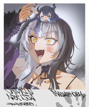 2girls asymmetrical_horns black_hair blue_hair blunt_bangs blush chibi closed_eyes colored_inner_hair copyright_name crying highres hololive hololive_english horns long_hair multicolored_hair multiple_girls nerissa_ravencroft nerissa_ravencroft_(1st_costume) open_mouth phasmophobia se_t shiori_novella shiori_novella_(1st_costume) split-color_hair streaming_tears tears two-tone_hair uneven_horns virtual_youtuber white_hair yellow_eyes