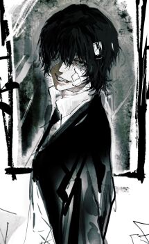 1boy bandage_on_neck bandage_over_one_eye black_hair bungou_stray_dogs collared_shirt commentary dazai_osamu_(bungou_stray_dogs) evil_smile gauze_on_knee highres looking_at_viewer male_focus one_eye_covered shirt short_hair smile solo teeth upper_body white_shirt xnmf10
