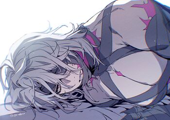 1boy bandages bare_pectorals commentary fingernails genshin_impact looking_to_the_side lower_teeth_only male_focus medium_hair one_eye_covered open_mouth pectorals perodorio pink_eyes rerir_(genshin_impact) sharp_fingernails simple_background solo symbol-only_commentary teeth twitter_username white_background white_hair