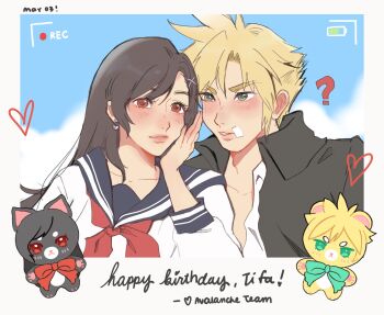 Rule 34 | 1boy, 1girl, ?, bandaid, bandaid on cheek, bandaid on face, battery indicator, birthday, black hair, black jacket, blonde hair, blue eyes, blue sailor collar, blue sky, blush, char (shanqi art), character name, closed mouth, cloud, cloud strife, cloud strife (midgard seventh high school), cloudy sky, collarbone, commentary, delinquent, doll, earrings, english commentary, final fantasy, final fantasy vii, final fantasy vii: ever crisis, gakuran, hair ornament, hairclip, hand on own cheek, hand on own face, happy birthday, heart, heart earrings, highres, jacket, jewelry, lips, long hair, looking at another, looking to the side, neckerchief, official alternate costume, open clothes, open jacket, pink lips, recording, red eyes, red neckerchief, sailor collar, school uniform, serafuku, shirt, short hair, sky, spiked hair, tifa lockhart, tifa lockhart (midgard seventh high school), upper body, white shirt