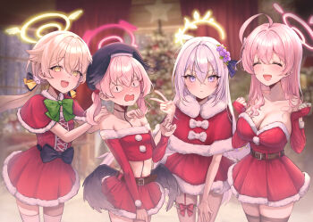 4girls absurdres ahoge azusa_(blue_archive) bare_shoulders blue_archive blush breasts capelet christmas_tree cleavage closed_eyes collarbone commentary crop_top dress embarrassed english_commentary fingerless_gloves flower fur-trimmed_capelet fur-trimmed_dress fur-trimmed_gloves fur-trimmed_shirt fur-trimmed_skirt fur_trim gloves grey_hair hachu_u1 hair_between_eyes hair_flower hair_ornament halo hanako_(blue_archive) hand_on_another's_shoulder head_wings hifumi_(blue_archive) highres huge_ahoge koharu_(blue_archive) large_breasts long_hair looking_at_viewer make-up_work_club_(blue_archive) midriff multiple_girls navel open_mouth pink_hair pink_halo purple_eyes red_capelet red_dress red_gloves red_shirt red_skirt santa_costume shirt skirt smile thighhighs thighs twintails v white_thighhighs wings yellow_eyes yellow_halo