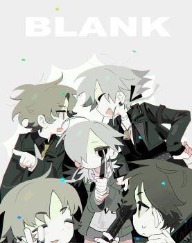 5boys black_eyes black_jacket black_shirt brown_hair closed_eyes closed_mouth earrings electric_guitar fang green_eyes green_jacket grey_hair group_picture guitar hair_over_one_eye highres holding holding_knife holding_weapon instrument jacket jewelry knife long_sleeves mk1liaoqian multiple_boys necktie open_clothes open_jacket open_mouth original pointing shirt short_hair shorts smile sweat v weapon yellow_eyes yellow_necktie