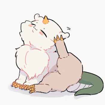 Rule 34 | anoko (chiikawa), chiikawa, closed eyes, commentary request, creature, full body, horns, leg up, nagasode (nagasode0123), no humans, scratching head, scratching with foot, simple background, single horn, sitting, white background