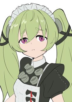 1girl absurdres apron black_bow black_dress bow breasts commentary_request corin_wickes dress frown green_hair hair_between_eyes highres long_hair looking_at_viewer maid maid_headdress puffy_short_sleeves puffy_sleeves purple_eyes purupuruck screw_hair_ornament short_sleeves simple_background small_breasts solo twintails white_apron white_background zenless_zone_zero