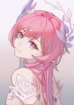 1girl artist_name bare_shoulders breasts chinese_commentary closed_mouth commentary_request cyrene_(honkai:_star_rail) cyrene_(ripples_of_past_reverie)_(honkai:_star_rail) from_side gradient_background head_tilt highres honkai:_star_rail honkai_(series) looking_at_viewer looking_to_the_side medium_breasts partial_commentary pink_background pink_hair portrait purple_eyes shenhai_ge_pieon smile solo turning_head