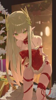 1girl arknights blonde_hair blunt_bangs christmas closed_mouth dress green_eyes highres laurel_crown long_hair looking_at_viewer mole mole_under_eye muelsyse_(arknights) pointy_ears red_dress santa_costume santa_dress sleeveless sleeveless_dress smile solo standing yorei_8338