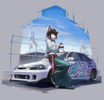 1girl animal_ears belt black_choker black_hair black_shoes blue_archive car cassette_player cat_ears choker colored_inner_hair commentary_request cropped_hoodie food food_in_mouth full_body green_hakama hakama hakama_pants halo headphones headphones_around_neck highres honda honda_civic hood hoodie itasha japanese_clothes kazusa_(blue_archive) leaning_against_vehicle looking_at_viewer motor_vehicle multicolored_hair outdoors pants pink_eyes pink_hair pink_halo pocky pocky_in_mouth red_belt shoes sneakers solo standing taru_kira white_hoodie