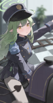 1girl absurdres between_legs blue_archive blue_hat blue_jacket chinese_commentary commentary_request demon_girl demon_tail earrings green_hair green_halo halo hand_between_legs hat highres hikari_(blue_archive) jacket jewelry long_hair long_sleeves looking_at_viewer miniskirt pantyhose school_uniform sitting skirt solo tail white_pantyhose yellow_eyes yorei_8338