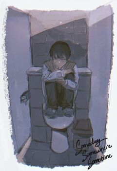 1boy bathroom black_eyes black_hair commentary curled_up diorama elbow_on_knee english_text full_body glowing highres holding holding_phone hugging_own_legs indoors kim_dokja looking_at_phone male_focus muted_color oldest_dream omniscient_reader&#039;s_viewpoint on_toilet phone short_hair solo symbol-only_commentary tile_wall tiles toilet toupou39 vest yellow_vest