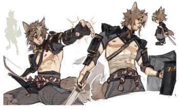 1boy absurdres aged_up animal_ears armor bandaged_torso boots bow_(weapon) brown_hair cawchan chibi closed_mouth commentary cropped_legs dog_boy dog_ears dog_tail english_commentary facial_hair genshin_impact goatee gorou_(genshin_impact) grey_pants hair_between_eyes highres holding holding_bow_(weapon) holding_shield holding_sword holding_weapon male_focus multiple_views nipples open-toe_boots outstretched_arm pants pectorals rope_belt shield shoulder_armor silhouette simple_background spread_legs standing sword tail toned toned_male weapon white_background