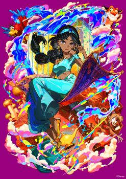 1girl abu_(aladdin) aladdin_(movie) animal bare_shoulders bird black_hair blue_hairband blue_pants blue_shirt blush breasts brown_eyes closed_mouth collarbone commentary_request crop_top dark-skinned_female dark_skin disney floating_hair hairband hand_up harem_outfit harem_pants highres iago_(aladdin) jasmine_(disney) long_hair long_sleeves looking_at_viewer magic_carpet medium_breasts midriff mika_pikazo monkey multi-tied_hair nail_polish off-shoulder_shirt off_shoulder oil_lamp pants puffy_long_sleeves puffy_sleeves purple_background rajah_(disney) red_nails shirt shoes smile tiger very_long_hair yellow_shoes