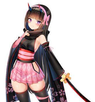 Rule 34 | adjusting scarf, backless kimono, black hair, black horns, black kimono, black scarf, black sleeves, black thighhighs, blunt bangs, blush, bow hairband, breasts, bridal gauntlets, cherry blossom print, closed mouth, clothing cutout, cowboy shot, detached sleeves, eyeshadow, floral print, floral print sleeves, furisode sleeves, game asset, hairband, holding, holding sword, holding weapon, horns, japanese clothes, katana, kimono, kurotobi rarumu, kuroushi kagemitsu, long hair, looking at viewer, makeup, miniskirt, multicolored horns, non-web source, obi, official art, pink bridal gauntlets, pink eyes, pink hairband, pink skirt, pleated skirt, red eyeshadow, red horns, sash, scarf, self-datamine, serious, side cutout, sideboob, skindentation, skirt, sleeveless, sleeveless kimono, sprite, straight hair, sword, tachi-e, thigh strap, thighhighs, transparent background, two-tone horns, v-shaped eyebrows, very long hair, weapon, yozakura kitan, zettai ryouiki