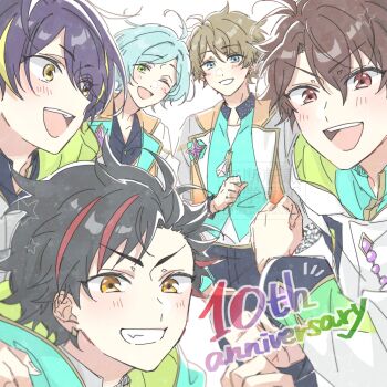 5boys ahoge black_hair blonde_hair blue_eyes blue_hair brown_eyes brown_hair clenched_hand clenched_teeth commentary ensemble_stars! eyes_visible_through_hair fuu_(everstedn816) green_eyes highres lapels long_sleeves looking_at_viewer male_focus morisawa_chiaki multicolored_hair multiple_boys nagumo_tetora notched_lapels official_alternate_costume one_eye_closed open_mouth orange_eyes parted_bangs purple_hair red_hair ryuseitai_(ensemble_stars!) sengoku_shinobu shinkai_kanata short_hair smile streaked_hair takamine_midori teeth two-tone_hair upper_teeth_only white_background yellow_eyes