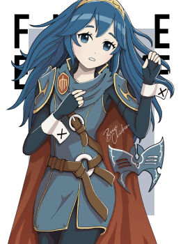 Rule 34 | 1girl, anniversary, armor, belt, blue eyes, blue hair, blue pants, blue sleeves, blue tunic, brave chicken, cape, chest harness, collarbone peek, commentary request, copyright name, dot nose, elbow gloves, english text, fingerless gloves, fire emblem, fire emblem awakening, gloves, gold tiara, gold trim, grey background, hair between eyes, hand on own chest, harness, light frown, long hair, lucina (fire emblem), mask, nintendo, o-ring, o-ring belt, orange cape, pants, pauldrons, shoulder armor, signature, solo, teeth, tunic, two-tone background, unworn mask, white background, white wrist cuffs, wrist cuffs