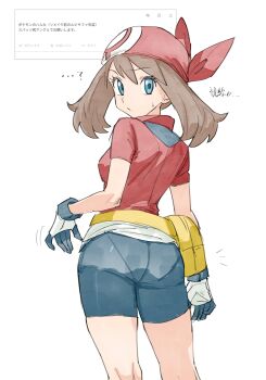 1girl :/ absurdres ass bandana bike_shorts blue_eyes blue_shorts breasts brown_hair closed_mouth commentary_request confused cowboy_shot dot_nose fanny_pack from_behind gloves highres long_hair looking_at_viewer looking_back may_(pokemon) medium_breasts nintendo panties_visible_through_clothes plamja_jukov pokemon pokemon_ruby/sapphire/emerald red_bandana red_shirt request_inset shirt short_sleeves shorts sideboob simple_background solo white_background white_gloves