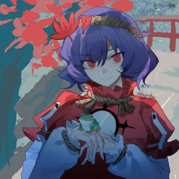 Rule 34 | 1girl, animal, animal on hand, closed mouth, commentary, frog, hair ornament, hashtag-only commentary, highres, kouyicha, layered sleeves, leaf hair ornament, long sleeves, looking at viewer, mirror, purple hair, red eyes, red shirt, rope, shirt, short hair, short over long sleeves, short sleeves, smile, solo, torii, touhou, twitter username, yasaka kanako