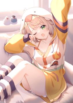 1girl ;o animal_hood arm_up bird black_socks blonde_hair blush bra breasts cleavage commentary_request cosplay duck_hood green_eyes hair_ornament highres hololive hood hood_up hooded_jacket indie_virtual_youtuber indoors jacket java_sparrow knees_up long_sleeves loose_socks multicolored_jacket one_eye_closed oozora_subaru oozora_subaru_(cosplay) oozora_subaru_(loungewear) orange_bra pom_pom_(clothes) pom_pom_hair_ornament puffy_long_sleeves puffy_sleeves saliva shigure_ui_(vtuber) short_hair sitting socks solo striped_clothes striped_socks thighs toki_(toki_ship8) two-tone_socks underwear virtual_youtuber white_jacket white_socks yawning yellow_jacket