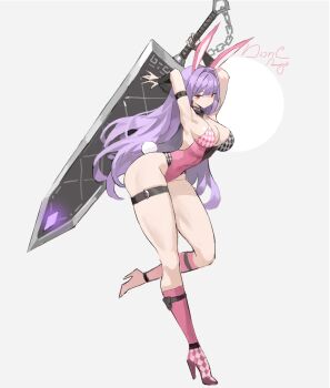 1girl absurdres armpits arms_up arowana2111 ass belt black_belt black_choker breasts choker covered_navel full_body grey_background hair_between_eyes high_heels highres holding holding_sword holding_weapon kneehighs large_breasts leaning_forward leg_up leotard long_hair looking_at_viewer original pink_leotard pink_socks purple_hair rabbit_tail red_eyes simple_background socks solo standing standing_on_one_leg strapless strapless_leotard sword tail thigh_belt thigh_strap thighs weapon