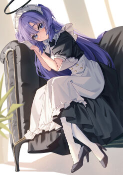 1girl absurdres apron black_dress black_halo black_shoes blue_archive blue_eyes blush closed_mouth commentary_request couch dress gloves hair_between_eyes halo hidel high_heels highres indoors leaf long_hair looking_at_viewer maid maid_apron maid_headdress pantyhose purple_hair shoes short_sleeves sidelocks sitting solo two_side_up white_apron white_gloves white_pantyhose yuuka_(blue_archive)