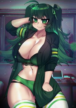 1girl :3 ahoge arm_behind_head bed bedroom bra breasts cleavage computer crawling_dreams curvy fang green_bra green_eyes green_hair green_panties green_shirt hacker hand_in_pocket highres huge_breasts midriff navel open_clothes open_shirt osiimi panties revealing_clothes shirt shu_(crawling_dreams) striped_clothes striped_thighhighs thick_thighs thighhighs thighs twintails underwear white_thighhighs