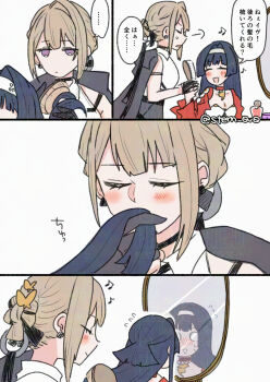 2girls astra_yao black_hair blonde_hair brushing_hair commentary_request evelyn_chevalier kissing_hair multiple_girls twitter_username yoichi_(umagoya) yuri