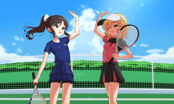 Rule 34 | 24riside, 2girls, absurdres, bike shorts, black eyes, black hair, blonde hair, blue sky, blurry, blurry background, blush, breasts, cloud, commentary request, commission, day, green eyes, high five, highres, idolmaster, idolmaster cinderella girls, idolmaster cinderella girls u149, multiple girls, one eye closed, pixiv commission, racket, sakurai momoka, short hair, skirt, sky, small breasts, smile, sportswear, sweat, tachibana arisu, tennis racket, tennis uniform, wristband