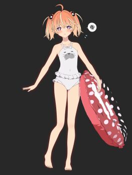 +_+ 1girl 3d ahoge arms_at_sides artist_request bare_arms bare_legs bare_shoulders barefoot black_background blender_(medium) blonde_hair bright_pupils cel_rendering closed_mouth collarbone commentary_request covered_navel dot_nose flower flying_sweatdrops full_body hair_flower hair_ornament highres holding holding_swim_ring innertube looking_at_viewer medium_hair multicolored_eyes multicolored_hair one-piece_swimsuit orange_hair pink_eyes polka_dot purple_eyes rinne_(rinrinne) rinrinne simple_background solo spoken_squiggle squiggle standing streaked_hair swim_ring swimsuit tachi-e virtual_youtuber white_one-piece_swimsuit white_pupils