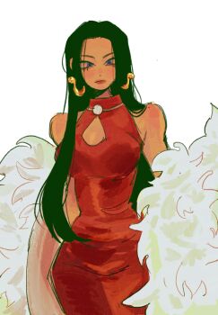 1girl black_hair blue_eyes boa_hancock closed_mouth commentary cowboy_shot dress earrings eyelashes halter_dress halterneck highres jewelry long_hair one_piece red_dress riicolato simple_background snake_earrings solo turtleneck white_background
