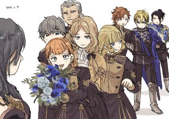 1180ozn 5boys 5girls :d annette_fantine_dominic armored_boots ashe_ubert black_hair blonde_hair blue_cape blush boots bouquet breasts cape closed_mouth dated dedue_molinaro dimitri_alexandre_blaiddyd embarrassed felix_hugo_fraldarius female_byleth_(fire_emblem) fire_emblem fire_emblem:_three_houses flower garreg_mach_monastery_uniform grey_hair highres holding holding_bouquet ingrid_brandl_galatea long_hair long_sleeves looking_at_another medium_breasts mercedes_von_martritz multiple_boys multiple_girls nintendo open_mouth orange_hair short_hair simple_background smile standing sylvain_jose_gautier tongue white_background