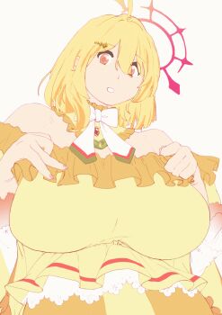 1girl ahoge animated animated_gif bien_(user_xxch3875) blonde_hair blush bouncing_breasts bow bowtie breast_drop breasts cleavage collar commentary_request detached_collar dress frilled_collar frilled_dress frills grin halo heart heart-shaped_pupils hinata_mashu huge_breasts inverted_nipples looking_at_viewer medium_hair nanashi_inc. nipples off-shoulder_dress off_shoulder orange_eyes pink_halo simple_background smile solo symbol-shaped_pupils undressing upper_body virtual_youtuber white_background white_bow white_bowtie yellow_collar yellow_dress