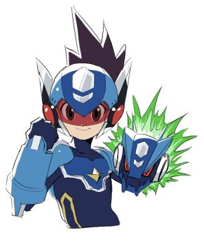 1boy arm_cannon armor assault_visor blue_bodysuit blue_helmet bodysuit brown_hair em_wave_change_(mega_man) geo_stelar_(mega_man) gloves helmet highres looking_at_viewer male_focus mega_man_(series) mega_man_star_force_(series) noro_zt omega-xis_(mega_man) red-tinted_eyewear red_eyes simple_background smile spiked_hair star_force_mega_man tinted_eyewear upper_body weapon white_background