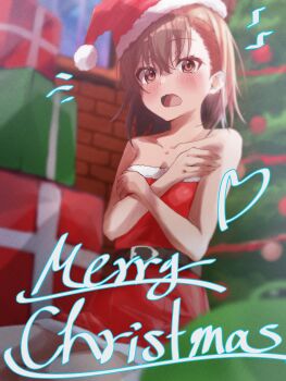 1girl absurdres bare_arms bare_shoulders belt black_belt blush breasts brown_eyes brown_hair christmas collarbone dress halya_meri hat highres indoors looking_at_viewer merry_christmas misaka_mikoto open_mouth red_dress red_hat santa_costume santa_hat short_hair sitting small_breasts solo strapless strapless_dress toaru_majutsu_no_index