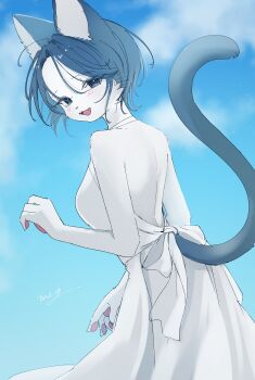 1girl absurdres animal_ears back backless_outfit blue_eyes blue_hair blue_sky body_fur cat_ears cat_girl cat_tail dress fangs fewer_digits from_behind furry furry_female halterneck highres looking_back meg_(115meg) open_mouth original outdoors pawpads signature sky solo tail whiskers white_dress white_fur
