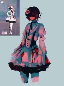 1other akiyama_mizuki akiyama_mizuki_(cosplay) black_ribbon blindfold brown_hair commentary cosplay covered_eyes cropped_legs deltarune dress earrings english_commentary flower hair_flower hair_ornament highres jewelry kris_(deltarune) long_sleeves nebbeli neck_ribbon other_focus pink_flower pink_rose project_sekai ribbon rose short_hair utdr_(toby_fox) white_dress